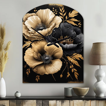 Black And Gold Hibiscus II - Asymmetric Metal Wall Clock